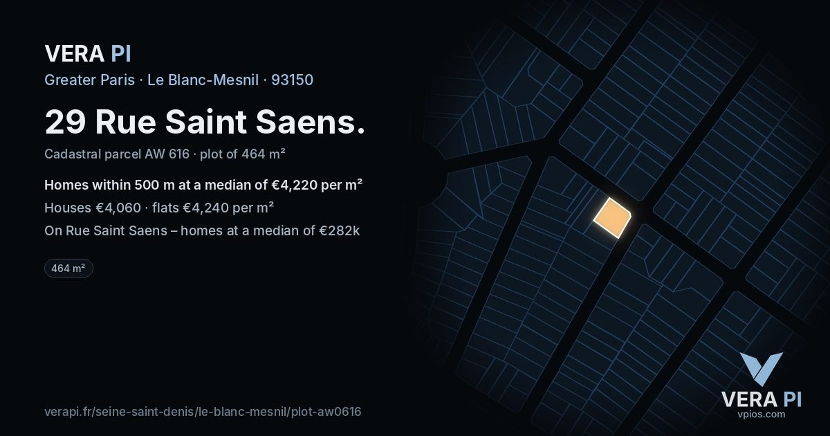 29 Rue Saint Saens, Le Blanc-Mesnil at night – the plot lit, the parcels around coloured by the prices near them