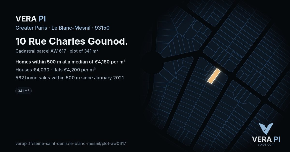 10 Rue Charles Gounod, Le Blanc-Mesnil at night – the plot lit, the parcels around coloured by the prices near them