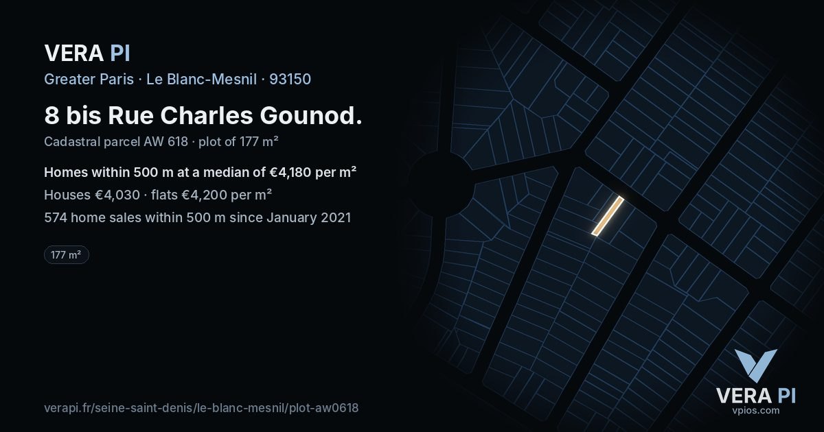 8 bis Rue Charles Gounod, Le Blanc-Mesnil at night – the plot lit, the parcels around coloured by the prices near them