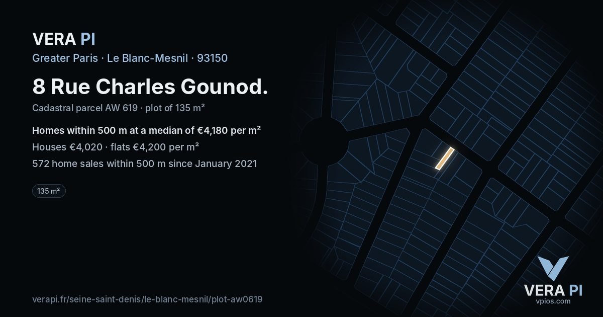 8 Rue Charles Gounod, Le Blanc-Mesnil at night – the plot lit, the parcels around coloured by the prices near them