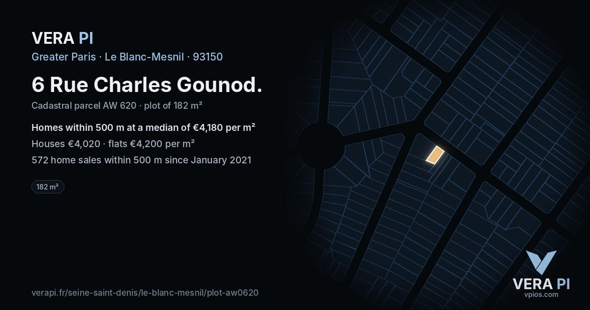 6 Rue Charles Gounod, Le Blanc-Mesnil at night – the plot lit, the parcels around coloured by the prices near them
