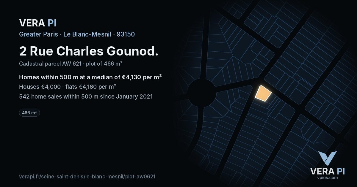 2 Rue Charles Gounod, Le Blanc-Mesnil at night – the plot lit, the parcels around coloured by the prices near them