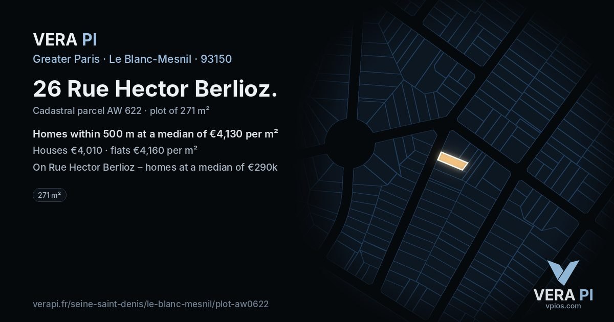 26 Rue Hector Berlioz, Le Blanc-Mesnil at night – the plot lit, the parcels around coloured by the prices near them