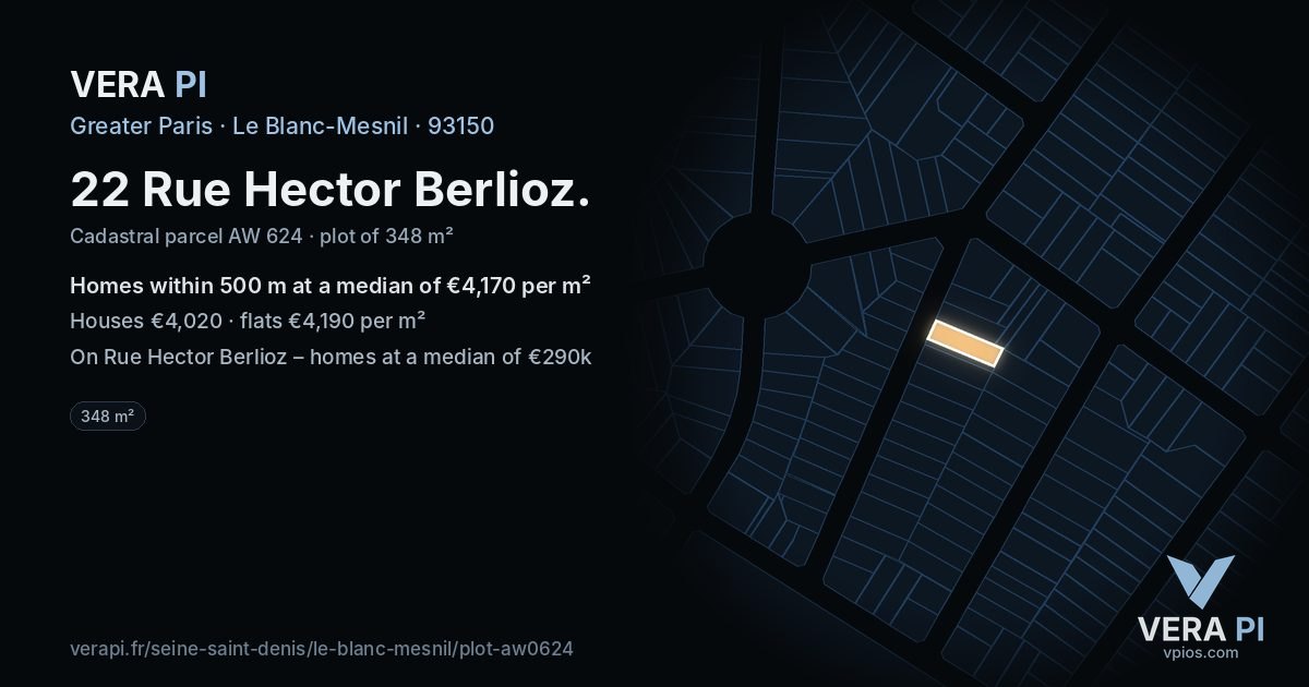 22 Rue Hector Berlioz, Le Blanc-Mesnil at night – the plot lit, the parcels around coloured by the prices near them