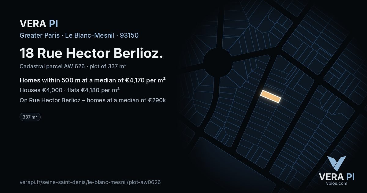 18 Rue Hector Berlioz, Le Blanc-Mesnil at night – the plot lit, the parcels around coloured by the prices near them