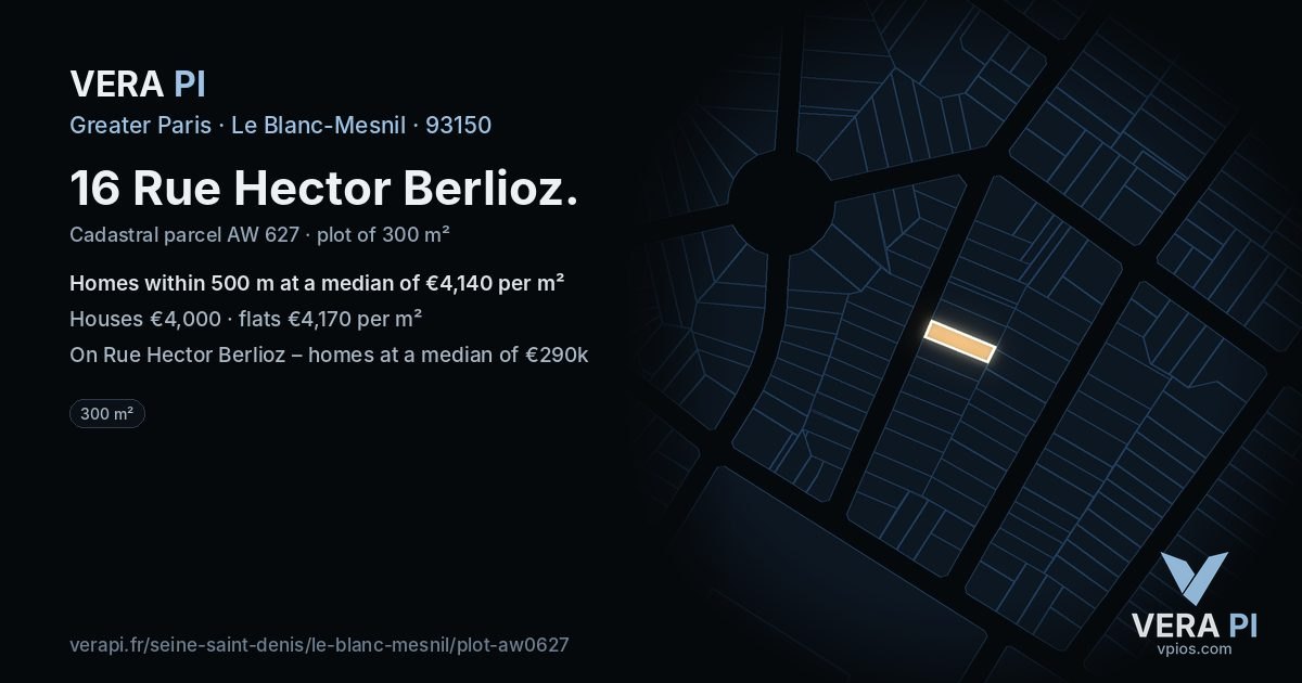 16 Rue Hector Berlioz, Le Blanc-Mesnil at night – the plot lit, the parcels around coloured by the prices near them