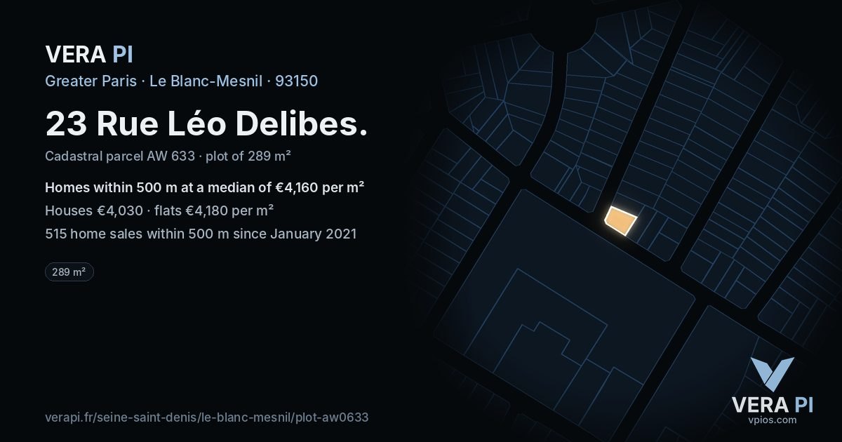 23 Rue Léo Delibes, Le Blanc-Mesnil at night – the plot lit, the parcels around coloured by the prices near them