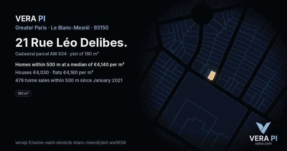 21 Rue Léo Delibes, Le Blanc-Mesnil at night – the plot lit, the parcels around coloured by the prices near them