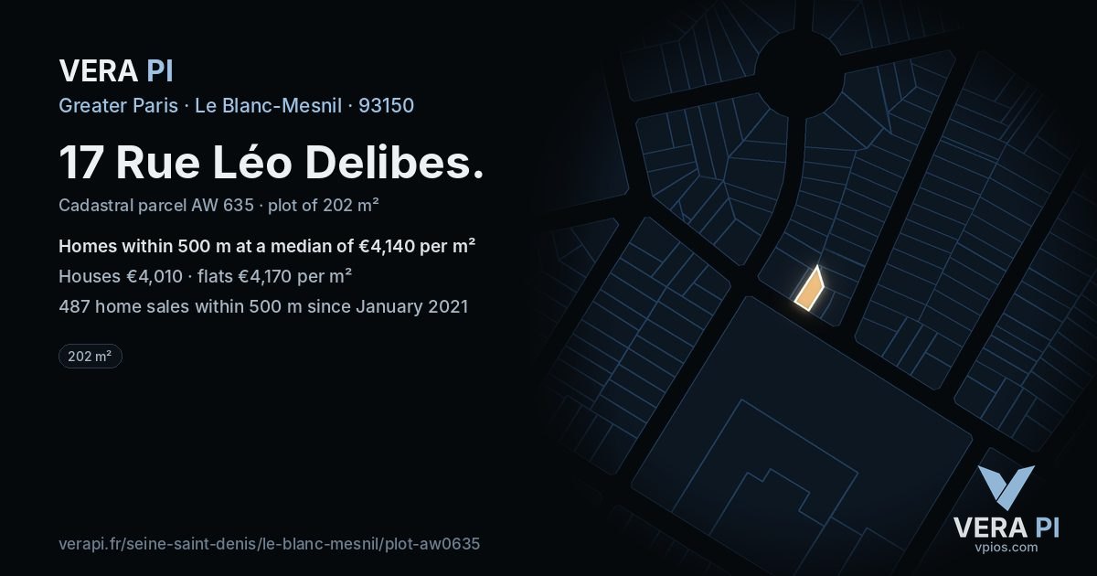 17 Rue Léo Delibes, Le Blanc-Mesnil at night – the plot lit, the parcels around coloured by the prices near them