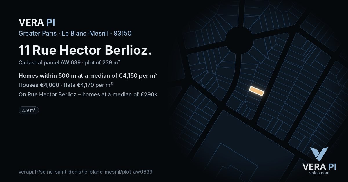 11 Rue Hector Berlioz, Le Blanc-Mesnil at night – the plot lit, the parcels around coloured by the prices near them