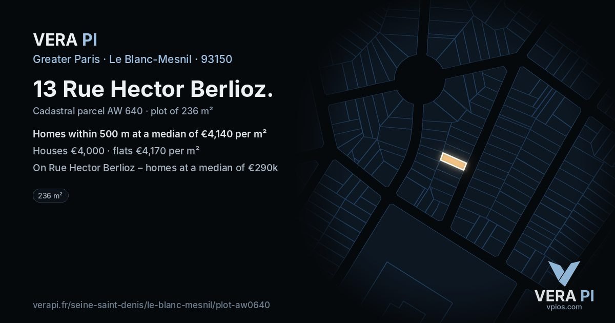 13 Rue Hector Berlioz, Le Blanc-Mesnil at night – the plot lit, the parcels around coloured by the prices near them