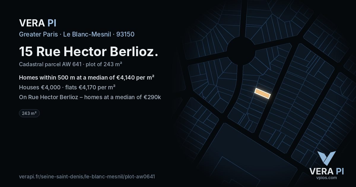 15 Rue Hector Berlioz, Le Blanc-Mesnil at night – the plot lit, the parcels around coloured by the prices near them