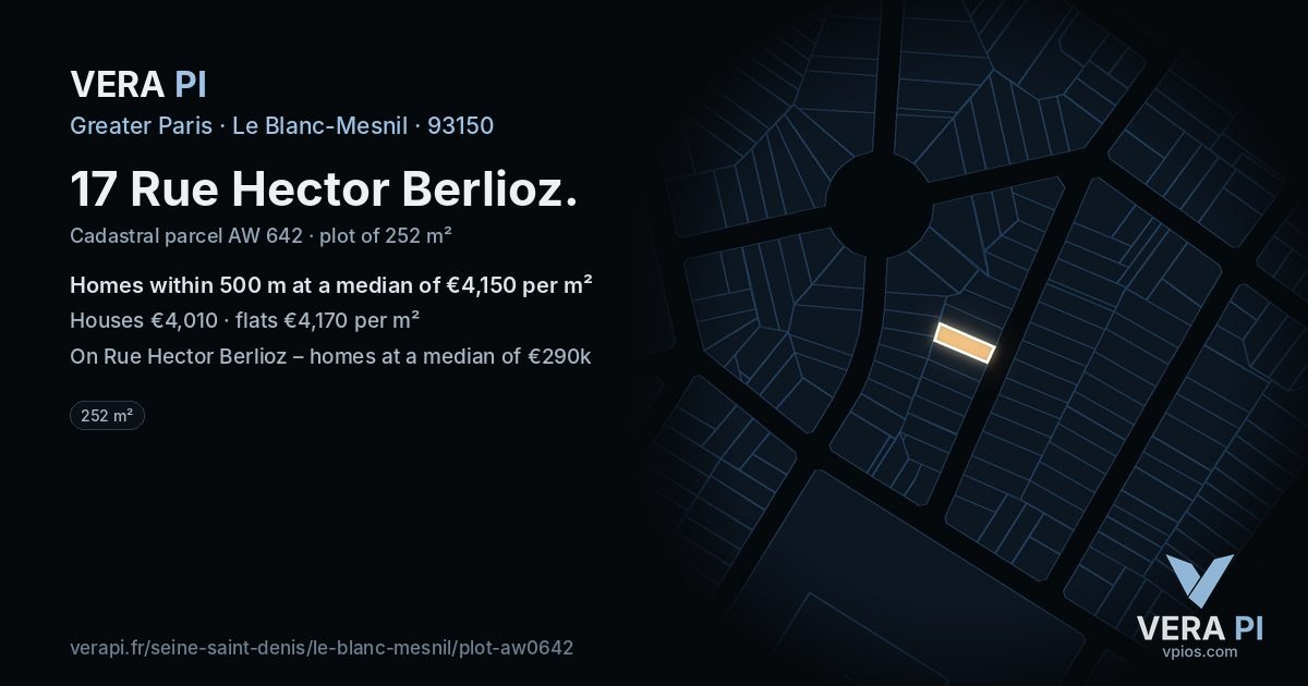 17 Rue Hector Berlioz, Le Blanc-Mesnil at night – the plot lit, the parcels around coloured by the prices near them