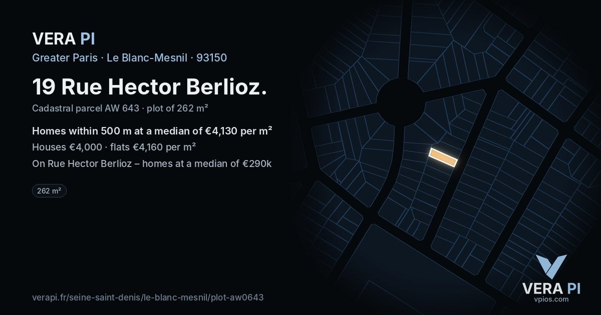 19 Rue Hector Berlioz, Le Blanc-Mesnil at night – the plot lit, the parcels around coloured by the prices near them