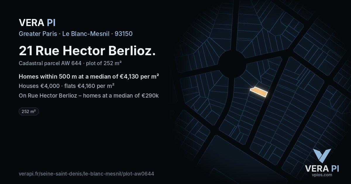 21 Rue Hector Berlioz, Le Blanc-Mesnil at night – the plot lit, the parcels around coloured by the prices near them