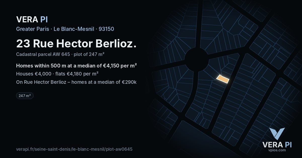 23 Rue Hector Berlioz, Le Blanc-Mesnil at night – the plot lit, the parcels around coloured by the prices near them