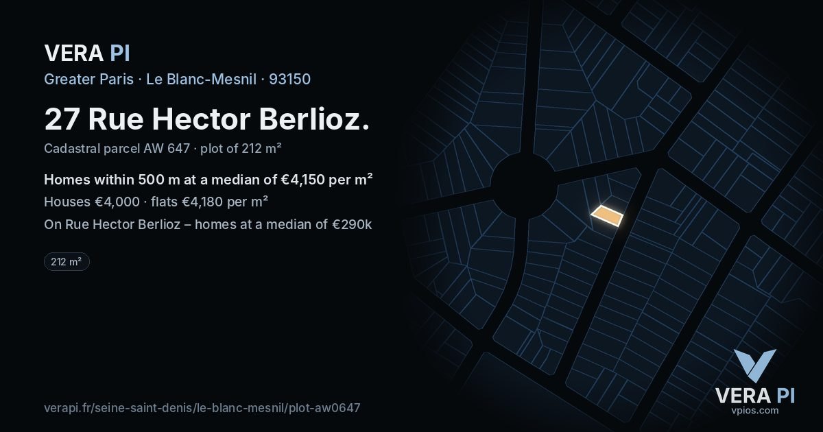 27 Rue Hector Berlioz, Le Blanc-Mesnil at night – the plot lit, the parcels around coloured by the prices near them
