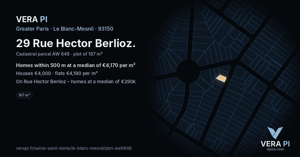 29 Rue Hector Berlioz, Le Blanc-Mesnil at night – the plot lit, the parcels around coloured by the prices near them