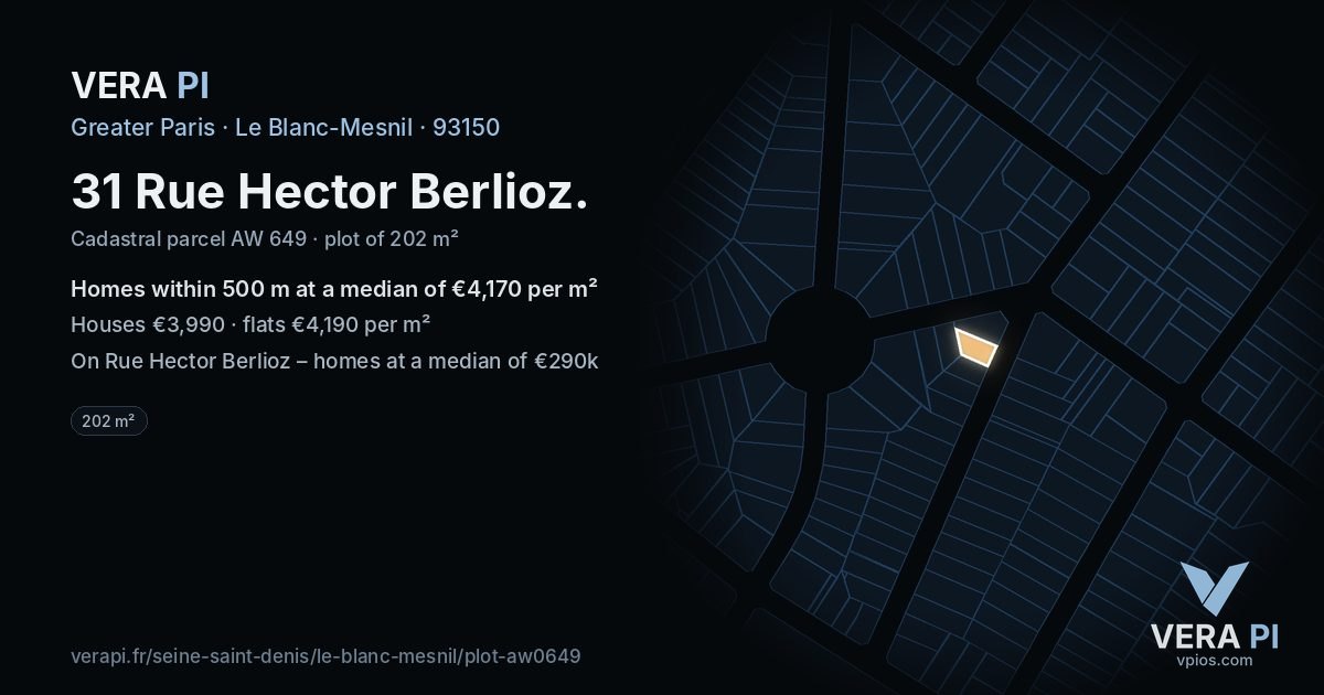 31 Rue Hector Berlioz, Le Blanc-Mesnil at night – the plot lit, the parcels around coloured by the prices near them