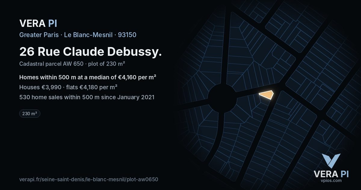 26 Rue Claude Debussy, Le Blanc-Mesnil at night – the plot lit, the parcels around coloured by the prices near them