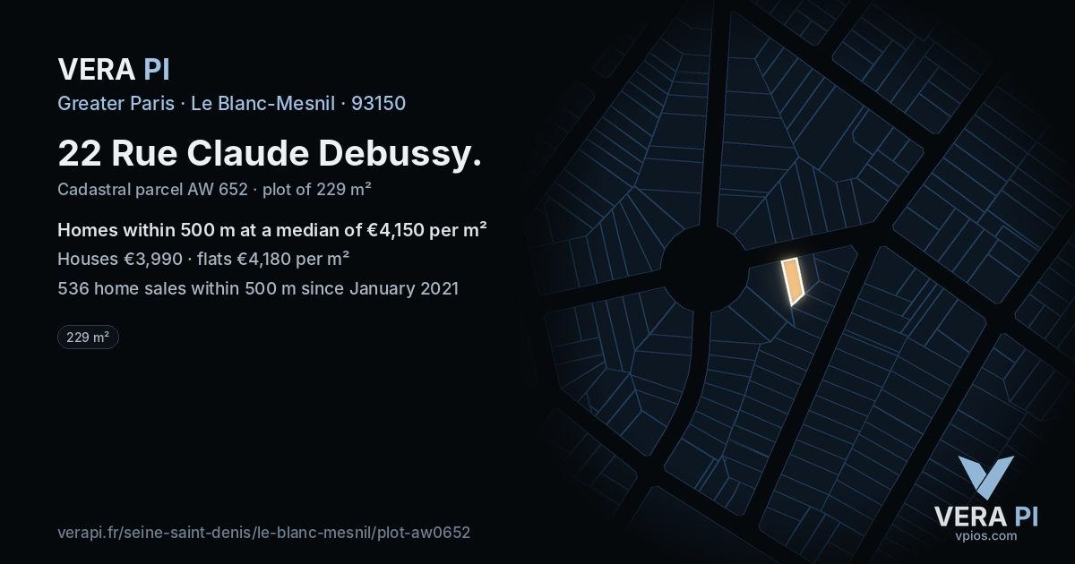 22 Rue Claude Debussy, Le Blanc-Mesnil at night – the plot lit, the parcels around coloured by the prices near them