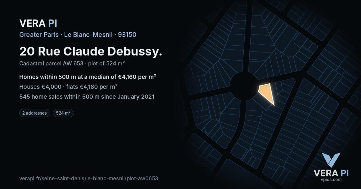 20 Rue Claude Debussy, Le Blanc-Mesnil at night – the plot lit, the parcels around coloured by the prices near them