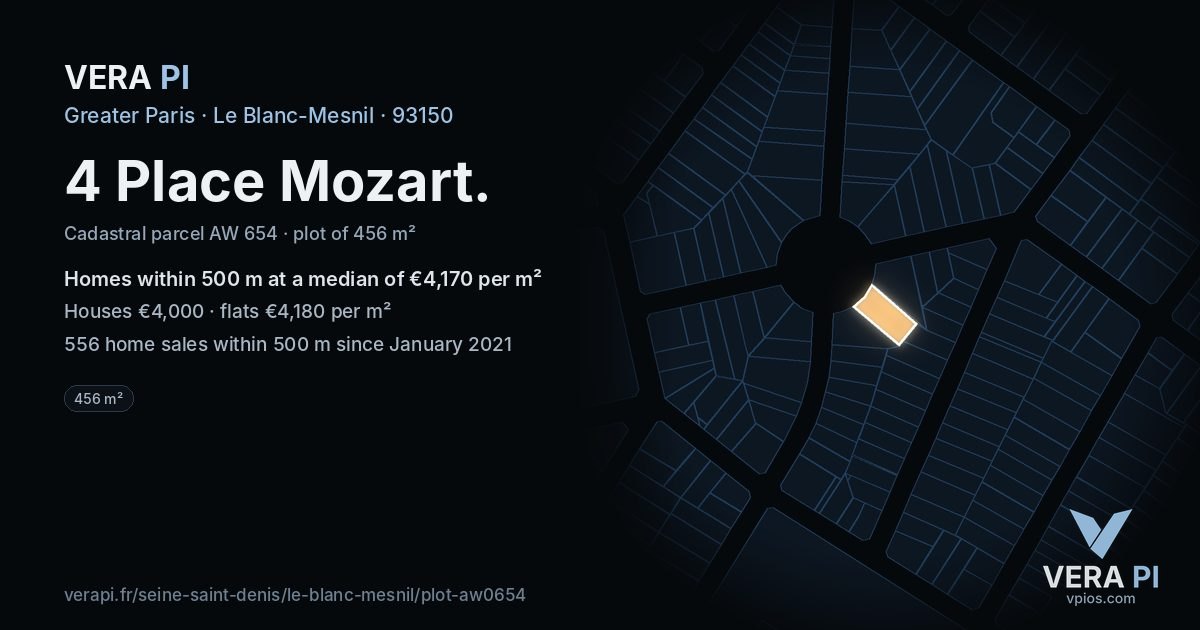 4 Place Mozart, Le Blanc-Mesnil at night – the plot lit, the parcels around coloured by the prices near them