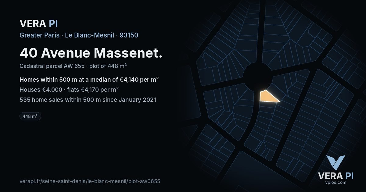 40 Avenue Massenet, Le Blanc-Mesnil at night – the plot lit, the parcels around coloured by the prices near them
