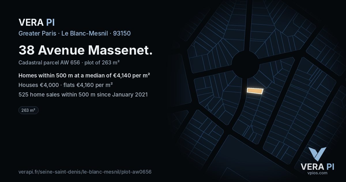 38 Avenue Massenet, Le Blanc-Mesnil at night – the plot lit, the parcels around coloured by the prices near them