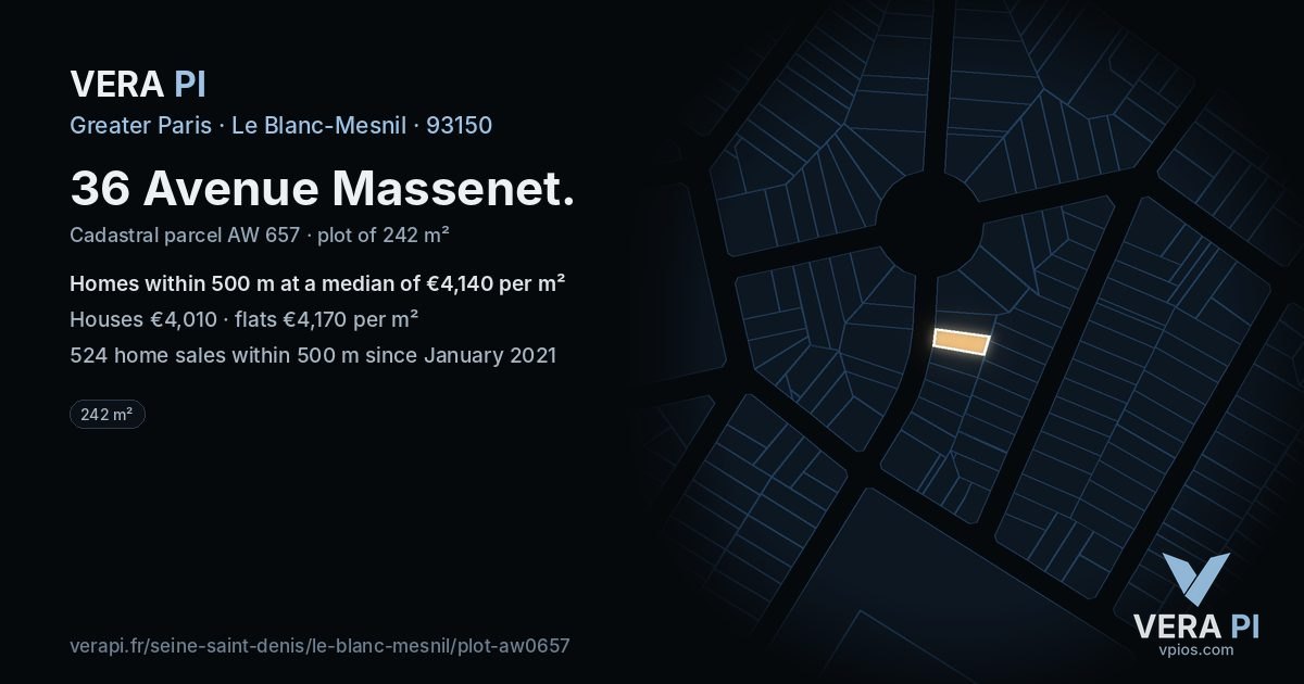 36 Avenue Massenet, Le Blanc-Mesnil at night – the plot lit, the parcels around coloured by the prices near them
