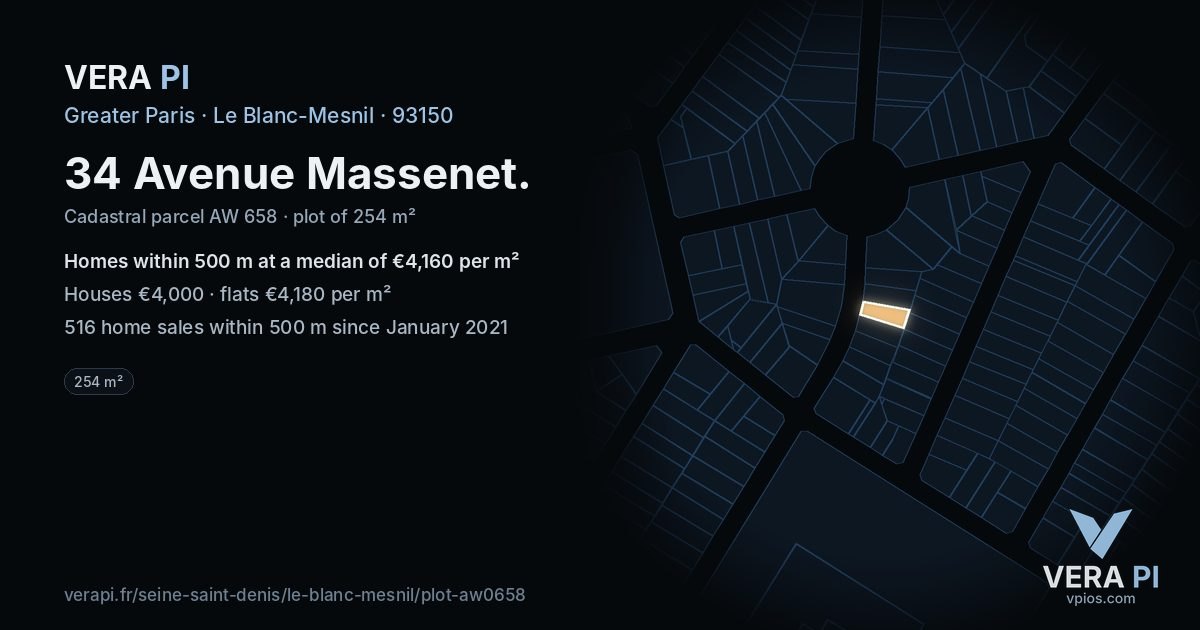 34 Avenue Massenet, Le Blanc-Mesnil at night – the plot lit, the parcels around coloured by the prices near them
