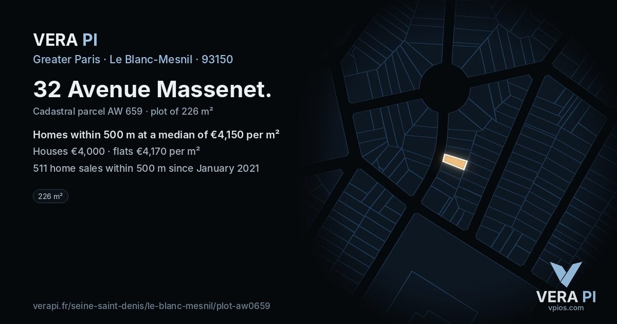 32 Avenue Massenet, Le Blanc-Mesnil at night – the plot lit, the parcels around coloured by the prices near them
