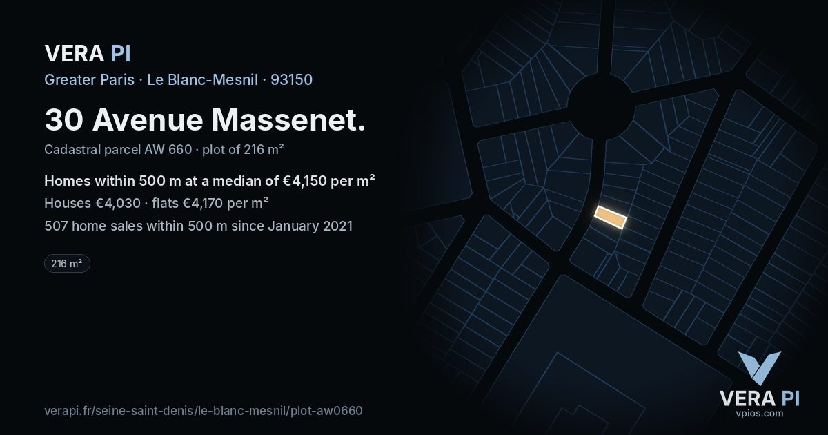 30 Avenue Massenet, Le Blanc-Mesnil at night – the plot lit, the parcels around coloured by the prices near them