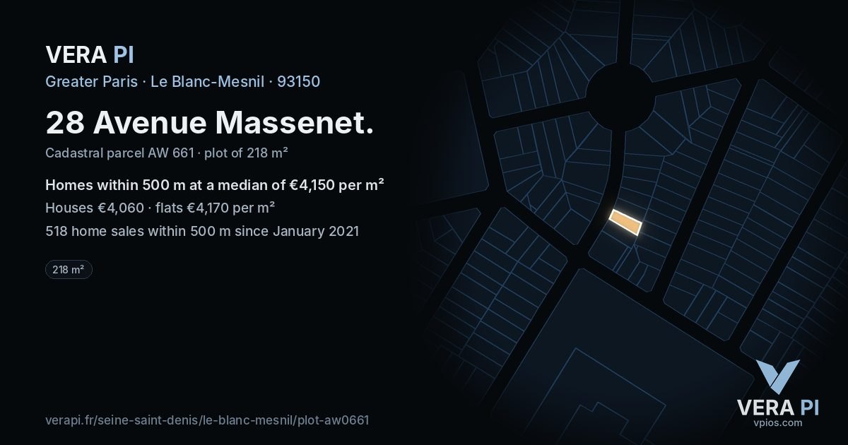 28 Avenue Massenet, Le Blanc-Mesnil at night – the plot lit, the parcels around coloured by the prices near them