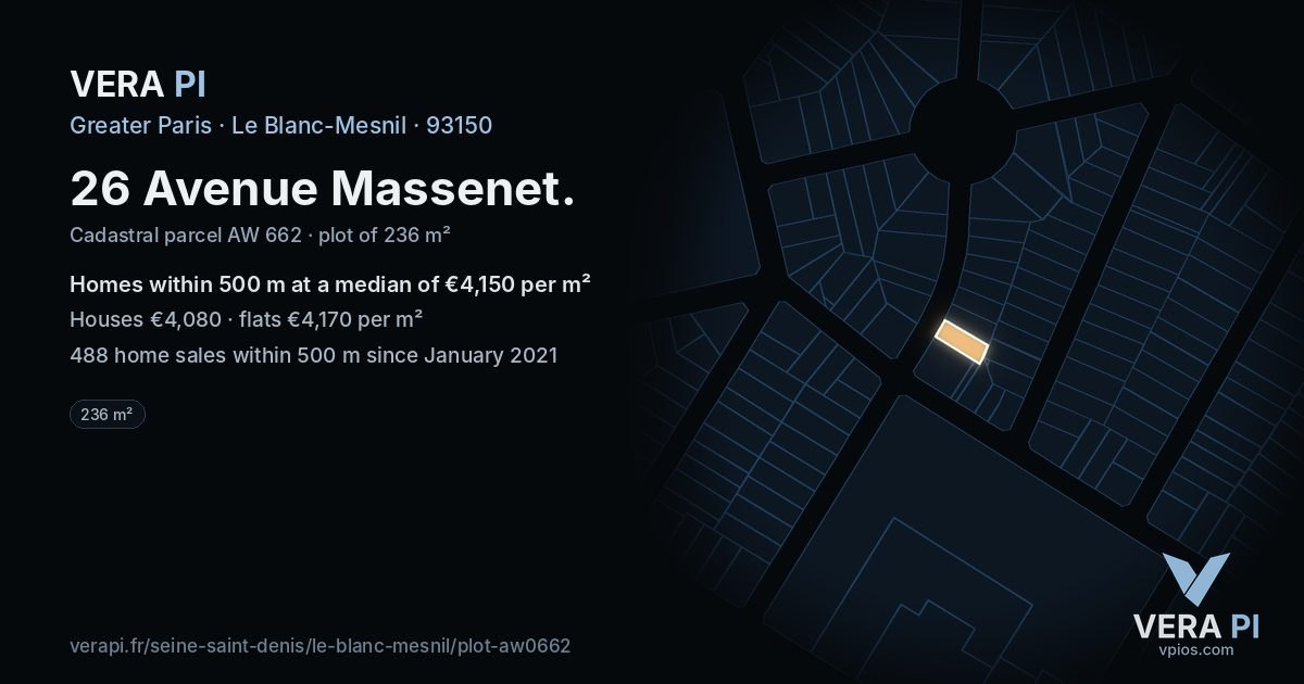 26 Avenue Massenet, Le Blanc-Mesnil at night – the plot lit, the parcels around coloured by the prices near them