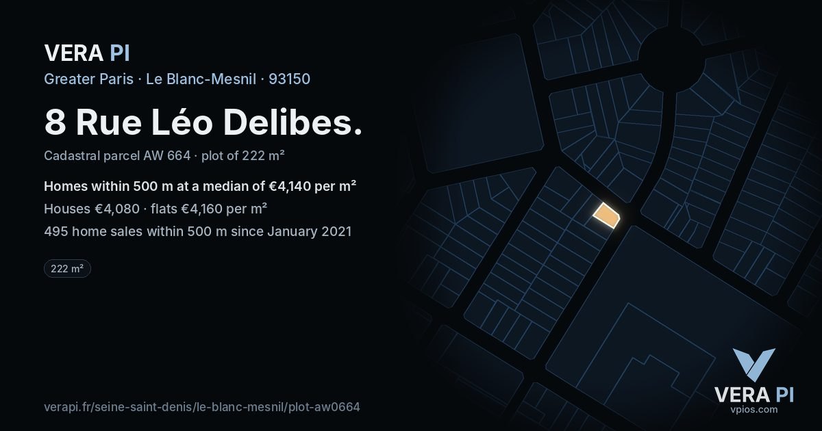 8 Rue Léo Delibes, Le Blanc-Mesnil at night – the plot lit, the parcels around coloured by the prices near them