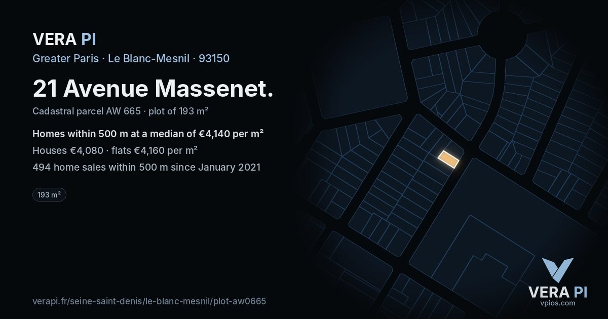 21 Avenue Massenet, Le Blanc-Mesnil at night – the plot lit, the parcels around coloured by the prices near them