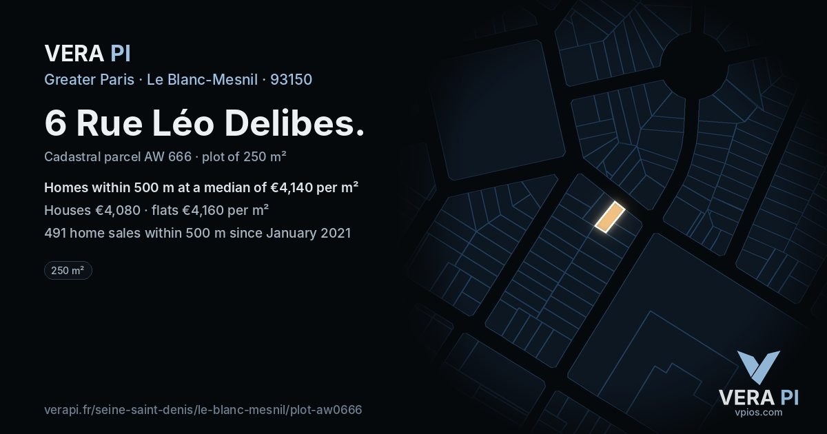 6 Rue Léo Delibes, Le Blanc-Mesnil at night – the plot lit, the parcels around coloured by the prices near them