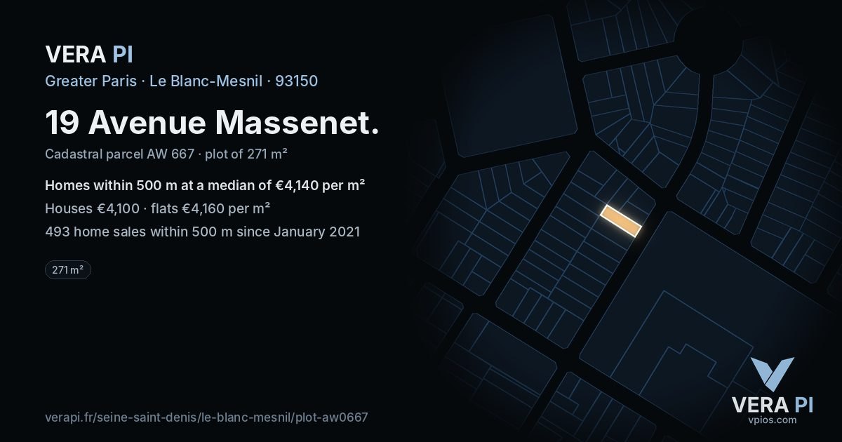 19 Avenue Massenet, Le Blanc-Mesnil at night – the plot lit, the parcels around coloured by the prices near them