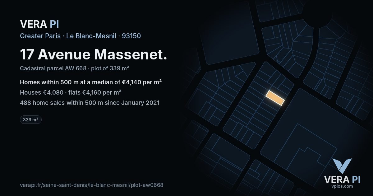 17 Avenue Massenet, Le Blanc-Mesnil at night – the plot lit, the parcels around coloured by the prices near them