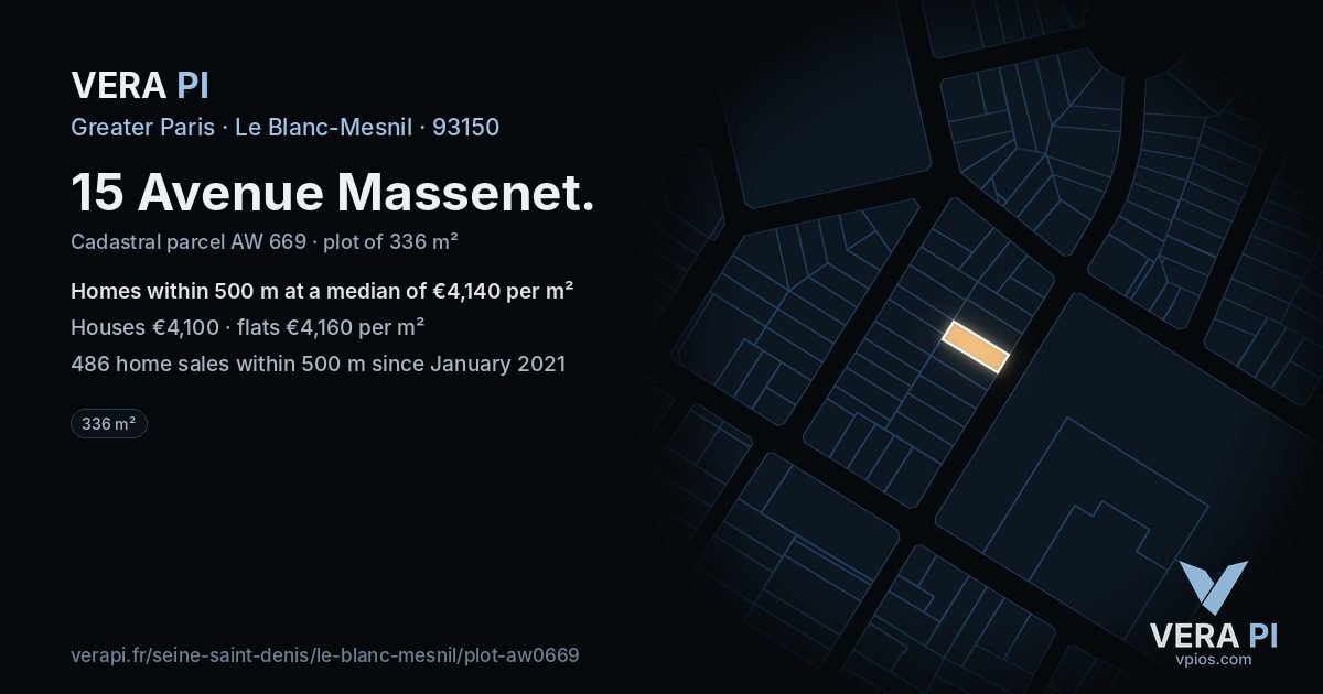 15 Avenue Massenet, Le Blanc-Mesnil at night – the plot lit, the parcels around coloured by the prices near them