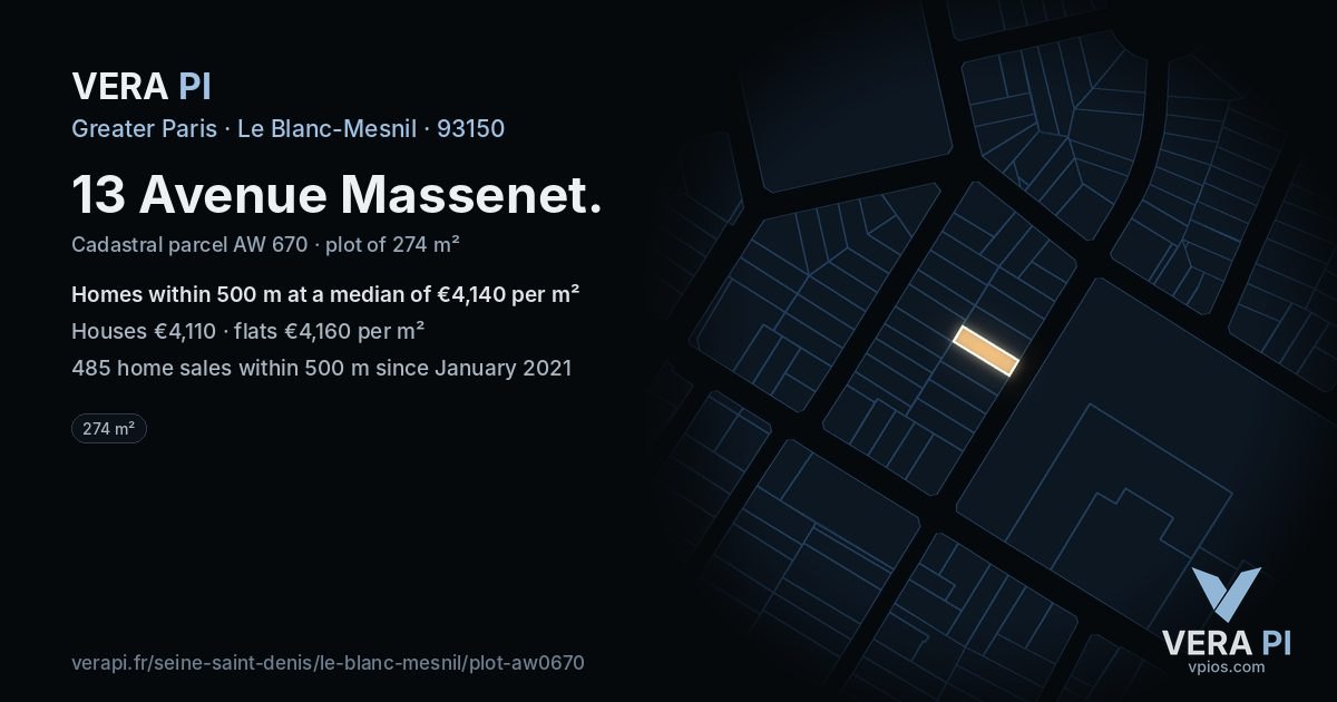 13 Avenue Massenet, Le Blanc-Mesnil at night – the plot lit, the parcels around coloured by the prices near them