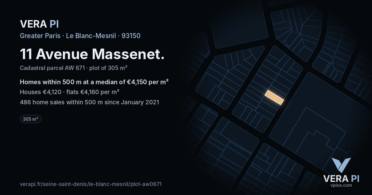 11 Avenue Massenet, Le Blanc-Mesnil at night – the plot lit, the parcels around coloured by the prices near them