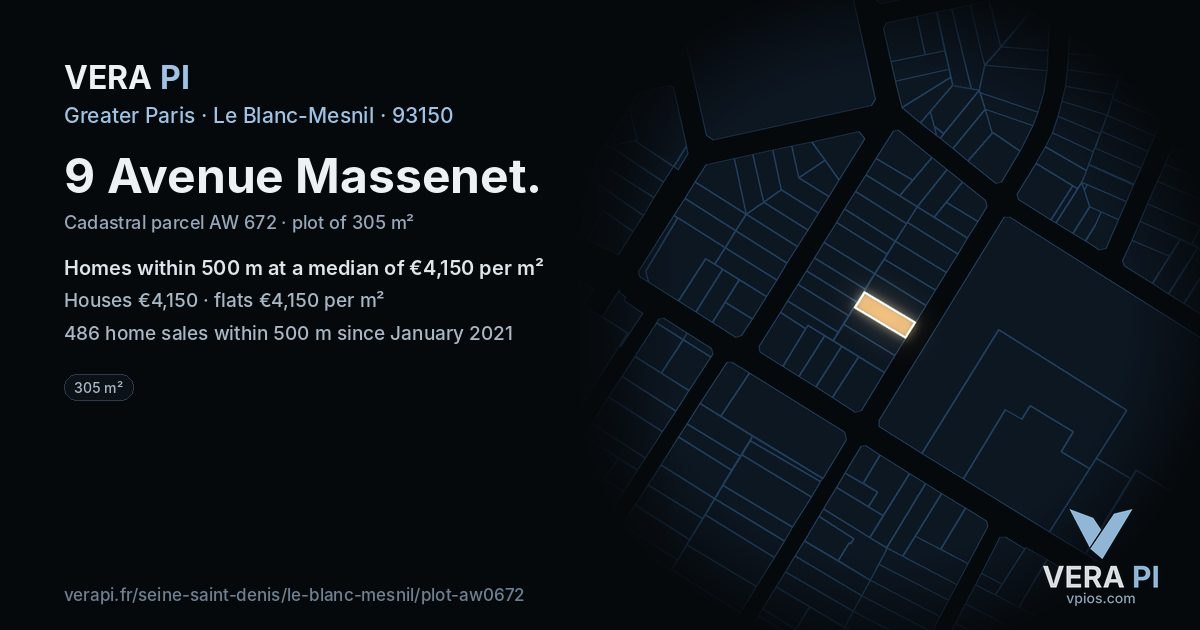 9 Avenue Massenet, Le Blanc-Mesnil at night – the plot lit, the parcels around coloured by the prices near them