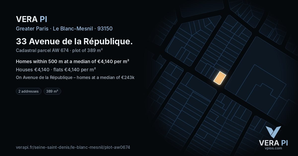 33 Avenue de la République, Le Blanc-Mesnil at night – the plot lit, the parcels around coloured by the prices near them