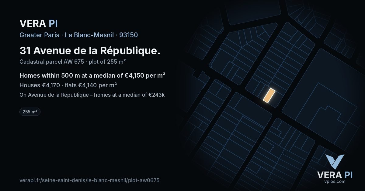 31 Avenue de la République, Le Blanc-Mesnil at night – the plot lit, the parcels around coloured by the prices near them