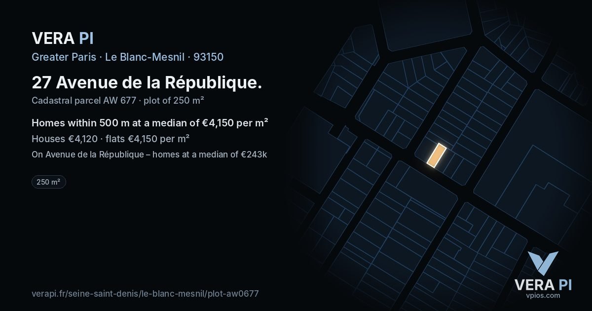 27 Avenue de la République, Le Blanc-Mesnil at night – the plot lit, the parcels around coloured by the prices near them