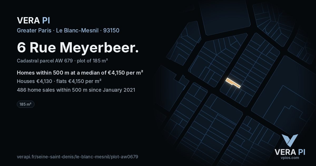 6 Rue Meyerbeer, Le Blanc-Mesnil at night – the plot lit, the parcels around coloured by the prices near them