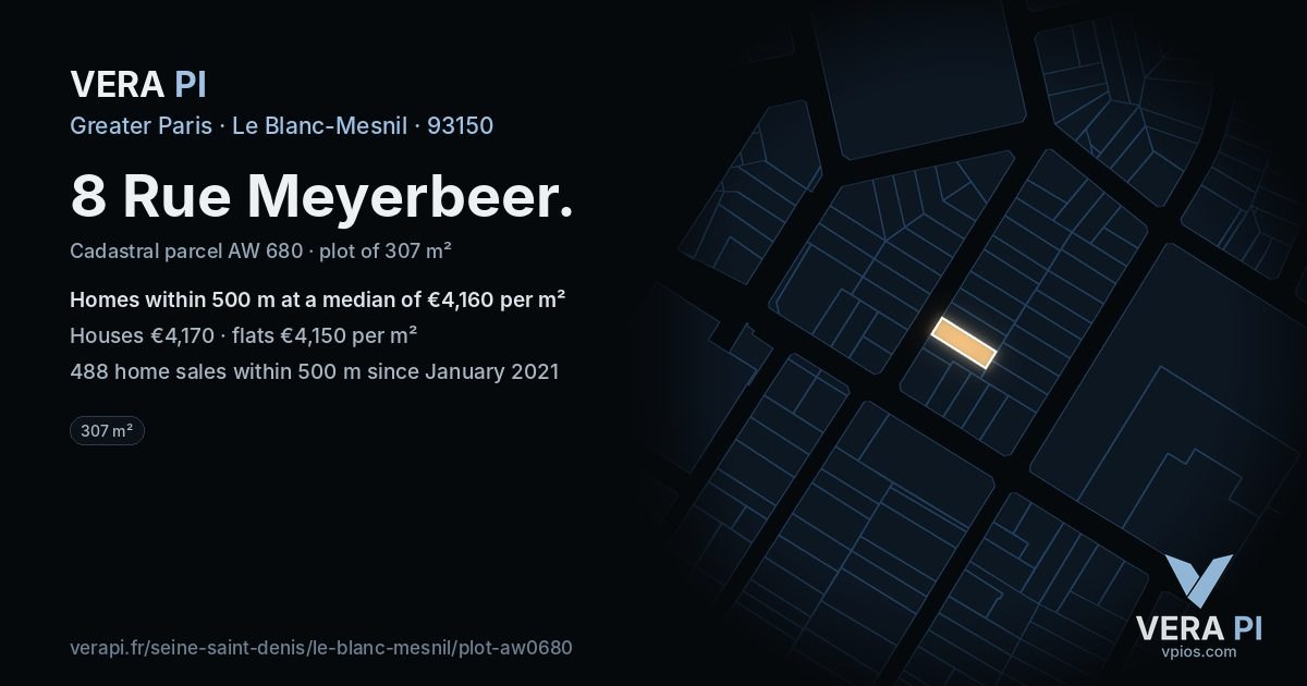8 Rue Meyerbeer, Le Blanc-Mesnil at night – the plot lit, the parcels around coloured by the prices near them