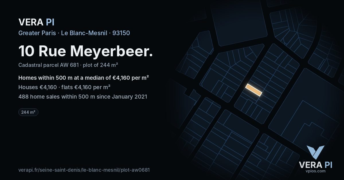 10 Rue Meyerbeer, Le Blanc-Mesnil at night – the plot lit, the parcels around coloured by the prices near them